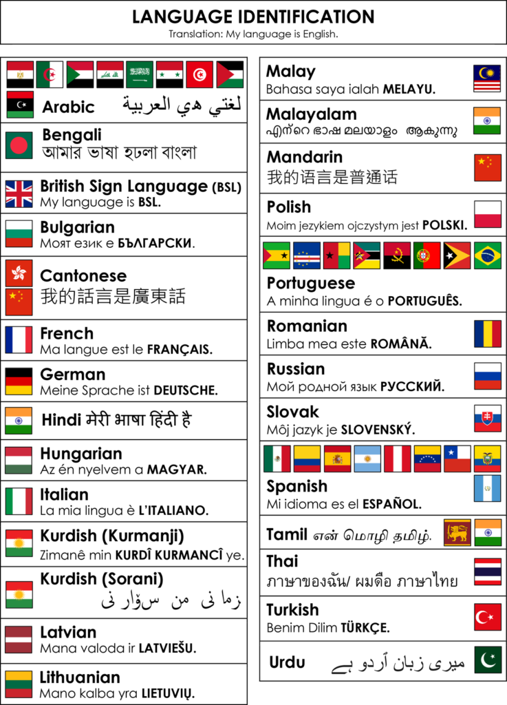 Language identification sheet