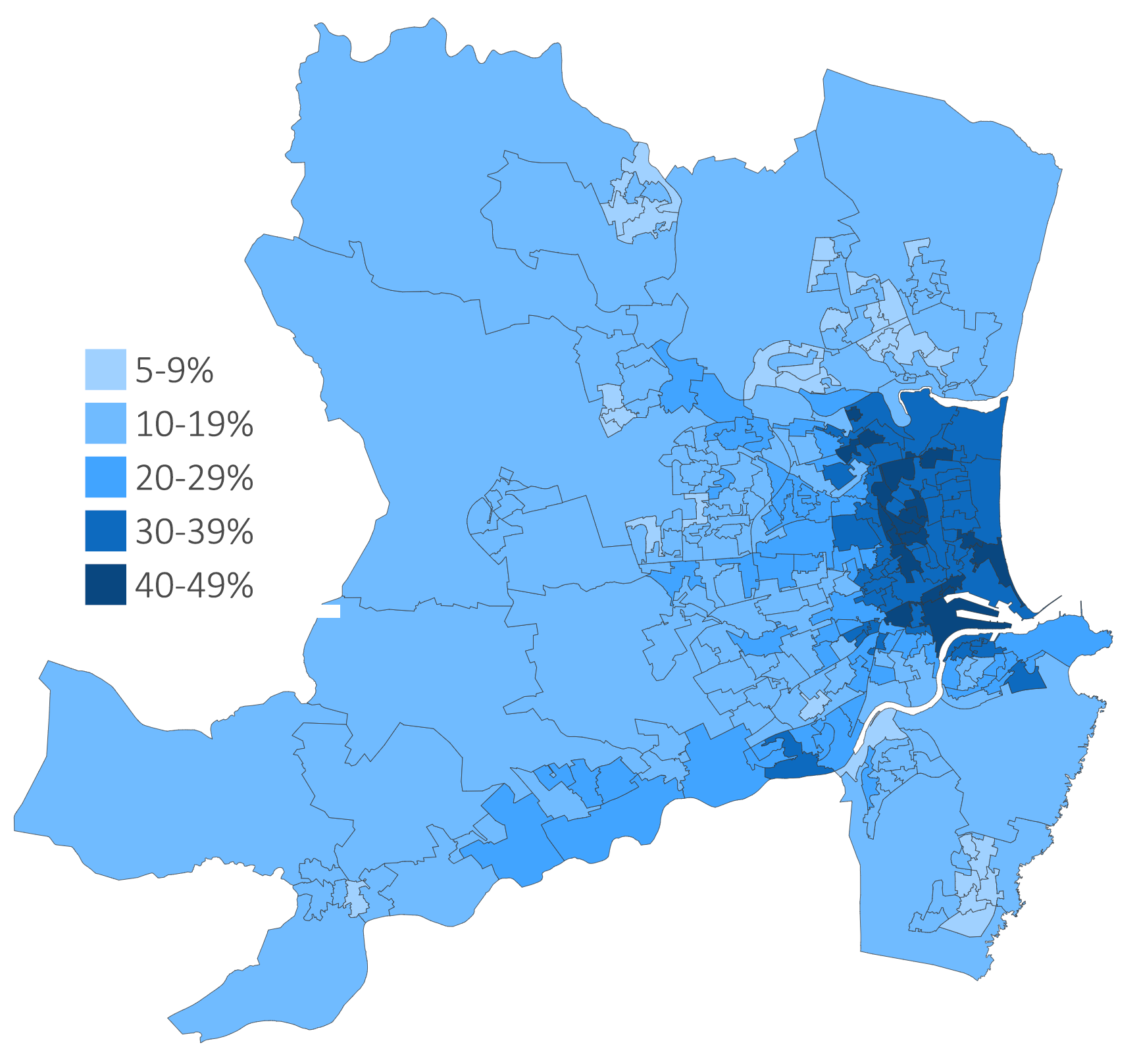 Map showing the percentage of people born outside the UK in each data zone (around 1000 people) in Aberdeen City. 